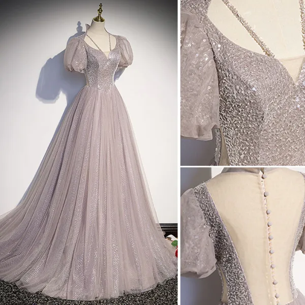 Chic / Beautiful Grey Prom Dresses 2022 A-Line / Princess U-Neck Puffy Short Sleeve Sequins Floor-Length / Long Formal Dresses