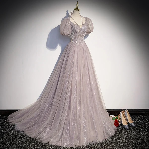 Chic / Beautiful Grey Prom Dresses 2022 A-Line / Princess U-Neck Puffy Short Sleeve Sequins Floor-Length / Long Formal Dresses