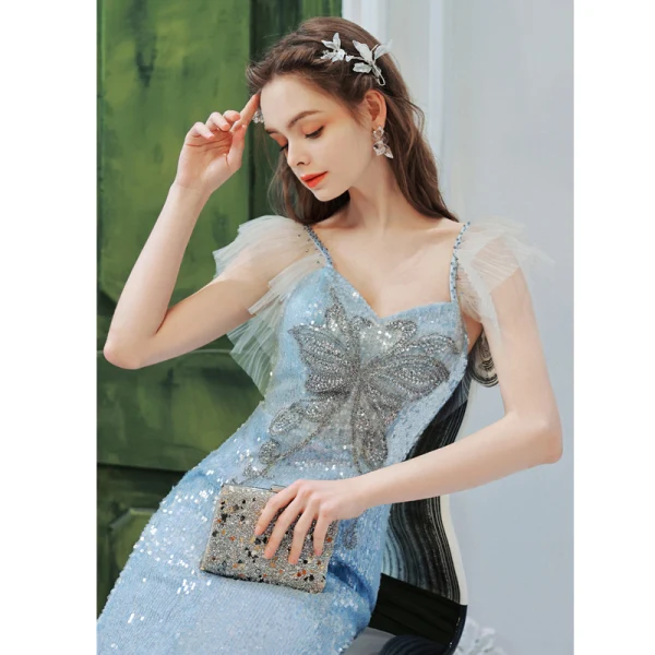 Scintillantes Bleu Ciel Perlage Paillettes Robe De Bal 2022 Trompette / Sirène Encolure Carrée Sans Manches Dos Nu Longue Robe De Ceremonie