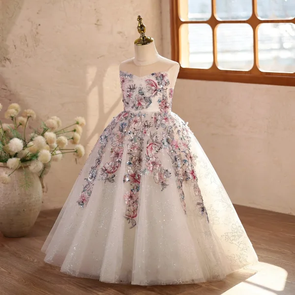 Vintage / Originale Bling Bling Blanche Paillettes En Dentelle Fleur Anniversaire Robe Ceremonie Fille 2026 Robe Boule Encolure Dégagée Sans Manches Dos Nu Longue Tulle