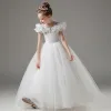 Fashion White Star Sequins Lace Butterfly Wedding Flower Girl Dresses 2023 Ball Gown Scoop Neck Short Sleeve Floor-Length / Long