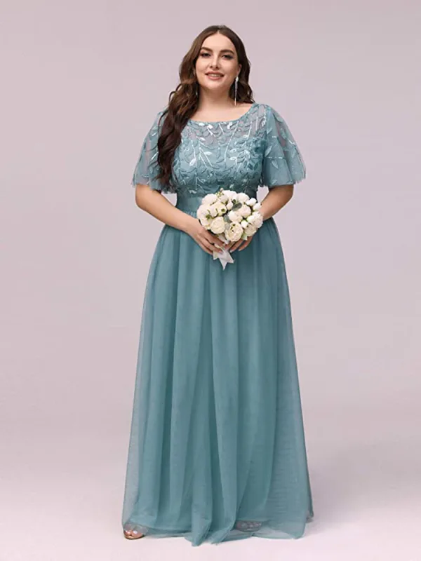 Modest / Simple Grey Sequins Lace Flower Prom Dresses 2024 A-Line / Princess Scoop Neck Short Sleeve Floor-Length / Long Prom Formal Dresses