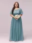 Modest / Simple Grey Sequins Lace Flower Prom Dresses 2024 A-Line / Princess Scoop Neck Short Sleeve Floor-Length / Long Prom Formal Dresses