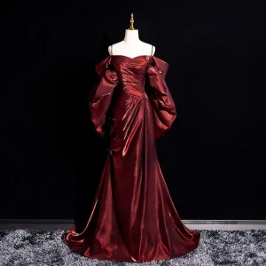 Mode Bordeaux Robe De Bal 2025 Trompette Sirène Bretelles Spaghetti Gonflée Manches Courtes Dos Nu Train De Balayage Robe De Ceremonie