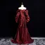 Fashion Burgundy Prom Dresses 2025 Trumpet / Mermaid Spaghetti Straps Puffy Short Sleeve Backless Sweep Train Formal Dresses