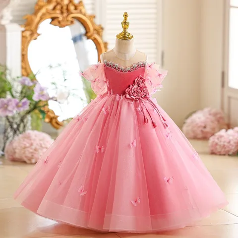Schöne Rosa Schmetterling Applikationen Geburtstag Blumenmädchenkleider 2025 Ballkleid Rundhalsausschnitt Kurze Ärmel Rückenfreies Lange