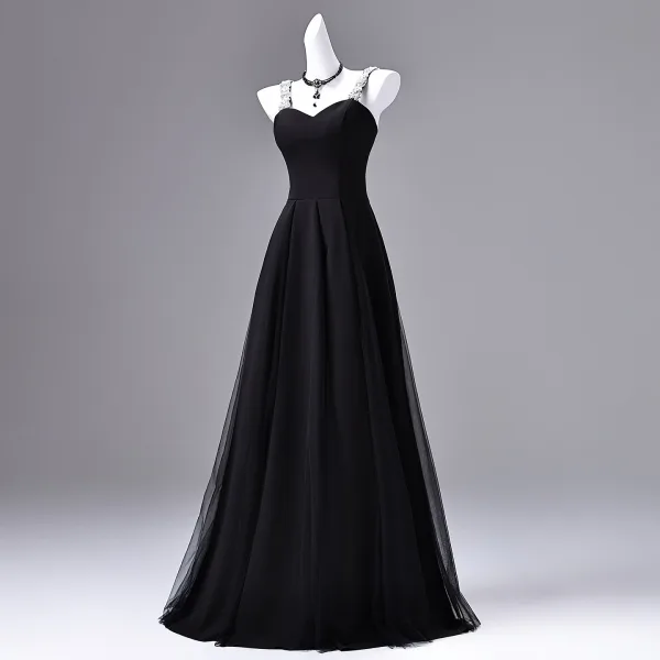 Audrey Hepburn-Stil Schwarz Strass Ballkleider 2026 A Linie Spaghettiträger Ärmellos Rückenfreies Lange Festliche Kleider