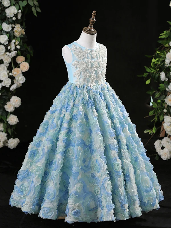 Flower Fairy Sky Blue Beading Pearl Appliques Birthday Flower Girl Dresses 2024 A-Line / Princess Scoop Neck Sleeveless Floor-Length / Long Tulle