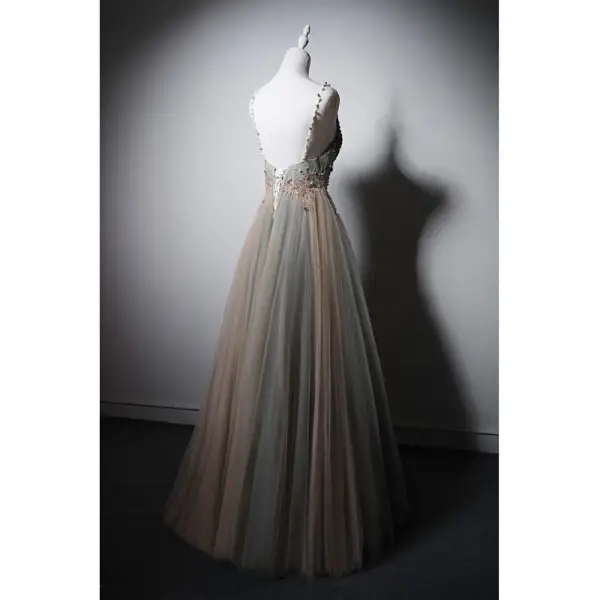 Elegant Multi-Colors Beading Appliques Prom Dresses 2025 A-Line / Princess Spaghetti Straps Sleeveless Backless Floor-Length / Long Prom Formal Dresses