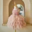 Chic / Beautiful Blushing Pink Pearl Rhinestone Cascading Ruffles Short Birthday Flower Girl Dresses 2024 Ball Gown Square Neckline Sleeveless Backless