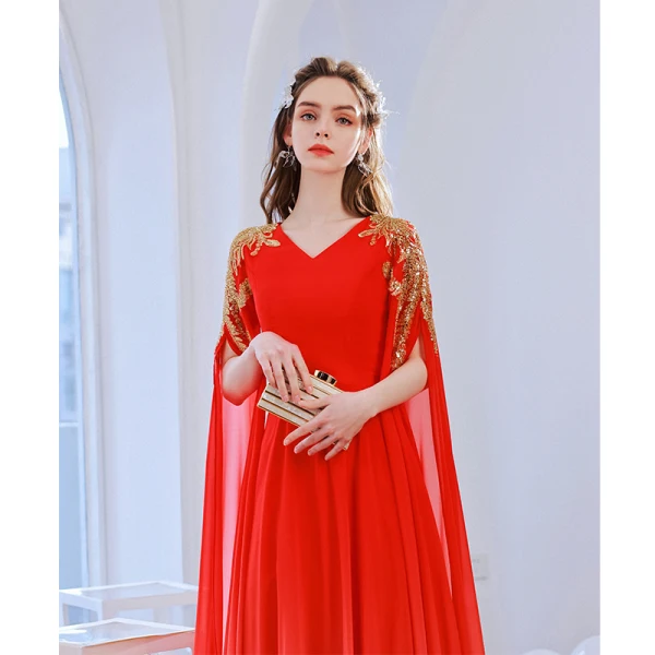 Chic / Belle Rouge Dégradé De Couleur Robe De Bal 2022 Princesse V-Cou Perlage Paillettes Manches Longues Longue Robe De Ceremonie