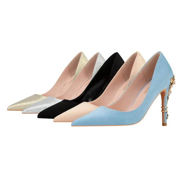 Fashion Sky Blue Rhinestone Metal Flower Bridesmaid Pumps 2022 Sequins 10 cm Stiletto Heels Pointed Toe Pumps High Heels
