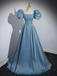 Elegantes Azul Satén Vestidos de gala 2023 Ball Gown Escote Cuadrado Hinchado Manga Corta Sin Espalda Largos Gala Vestidos Formales