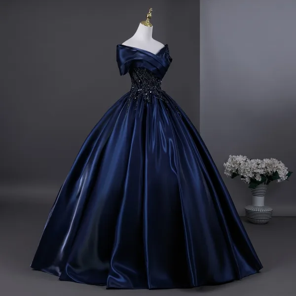Vintage / Retro Navy Blue Beading Sequins Prom Dresses 2025 Ball Gown Off-The-Shoulder Short Sleeve Backless Floor-Length / Long Formal Dresses