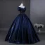 Vintage / Retro Navy Blue Beading Sequins Prom Dresses 2025 Ball Gown Off-The-Shoulder Short Sleeve Backless Floor-Length / Long Formal Dresses