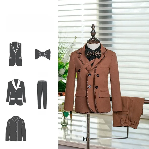 Fashion Tan 5-piece Long Sleeve Boys Wedding Suits 2025 Coat Pants Shirt Tie Vest