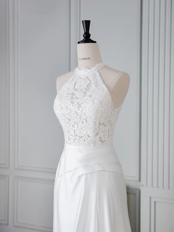 Vintage / Retro White Beading Lace Flower Wedding Dresses 2025 Trumpet / Mermaid High Neck Sleeveless Sweep Train