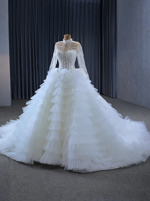 Luxury / Gorgeous White Handmade  Beading Rhinestone Sequins Cascading Ruffles Wedding Dresses 2024 Ball Gown High Neck Long Sleeve Chapel Train Wedding