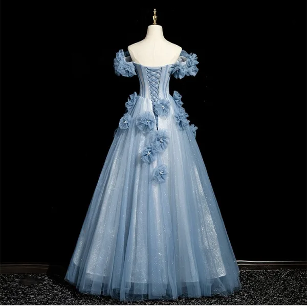 Chic / Beautiful Sky Blue Appliques Rhinestone Prom Dresses 2025 A-Line / Princess Off-The-Shoulder Short Sleeve Backless Floor-Length / Long Prom Formal Dresses