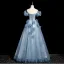 Chic / Beautiful Sky Blue Appliques Rhinestone Prom Dresses 2025 A-Line / Princess Off-The-Shoulder Short Sleeve Backless Floor-Length / Long Prom Formal Dresses