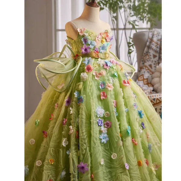 Flower Fairy Sage Green Multi-Colors Appliques Birthday Flower Girl Dresses 2025 Ball Gown Spaghetti Straps Sleeveless Backless Sweep Train
