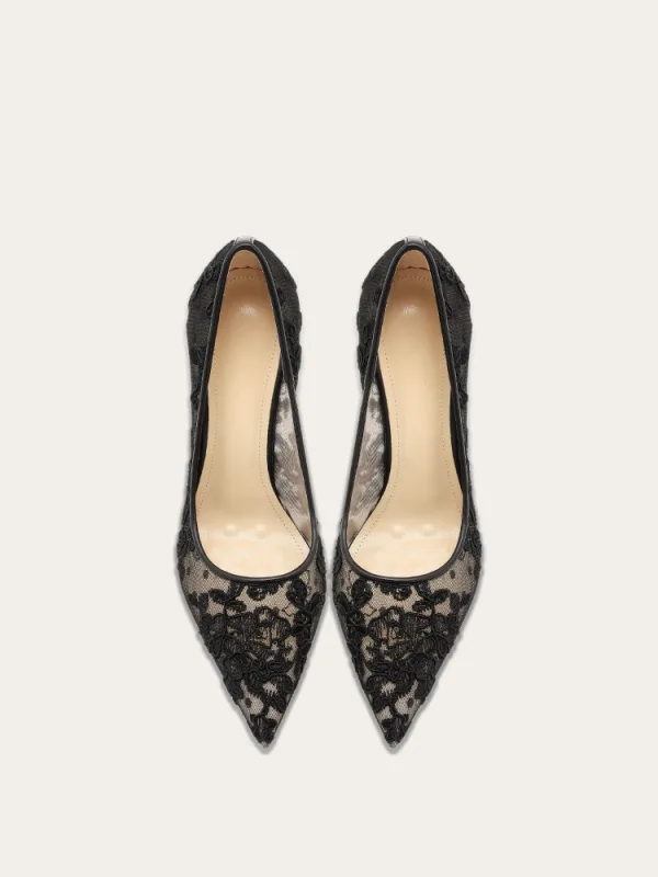 Charmant Zwarte Kant Bloem Gala Pumps 2025 Leer 10 cm Naaldhakken / Stiletto Spitse Neus Pumps Hoge Hakken