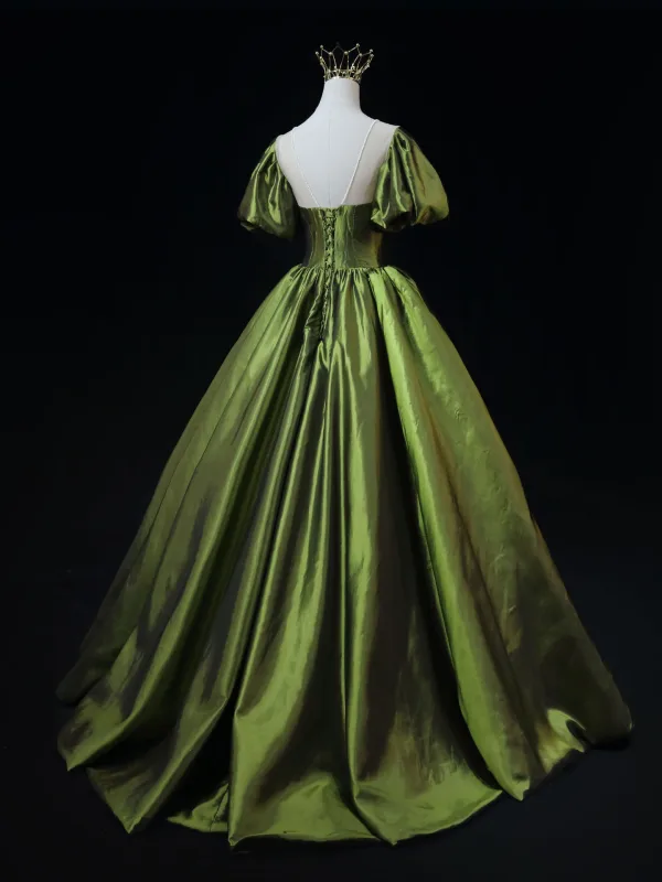 Vintage / Retro Dark Green Prom Dresses 2025 Ball Gown Scoop Neck Short Sleeve Backless Sweep Train Formal Dresses