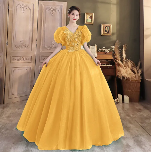Vintage / Retro Dark Green Beading Glitter Prom Dresses 2024 Ball Gown V-Neck Puffy Short Sleeve Backless Floor-Length / Long Prom Formal Dresses