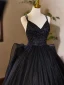 Schöne Schwarz Perlenstickerei Pailletten Spitze Blumen Ballkleider 2024 Ballkleid Spaghettiträger Ärmellos Rückenfreies Sweep / Pinsel Zug Ball Festliche Kleider