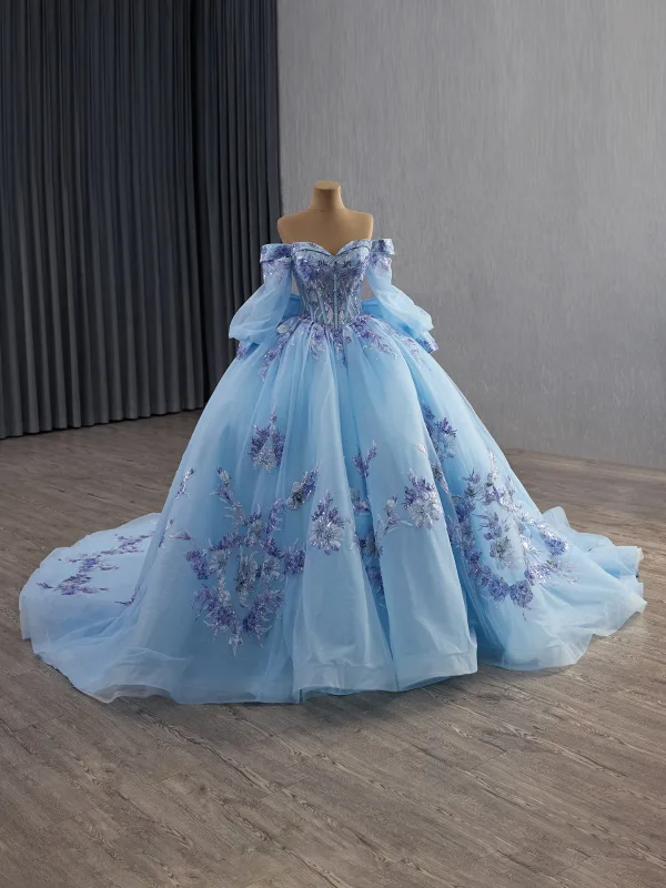 Luxury / Gorgeous Sky Blue Handmade  Beading Lace Flower Sequins Prom Dresses 2025 Ball Gown Off-The-Shoulder Short Sleeve Backless Bow Court Train