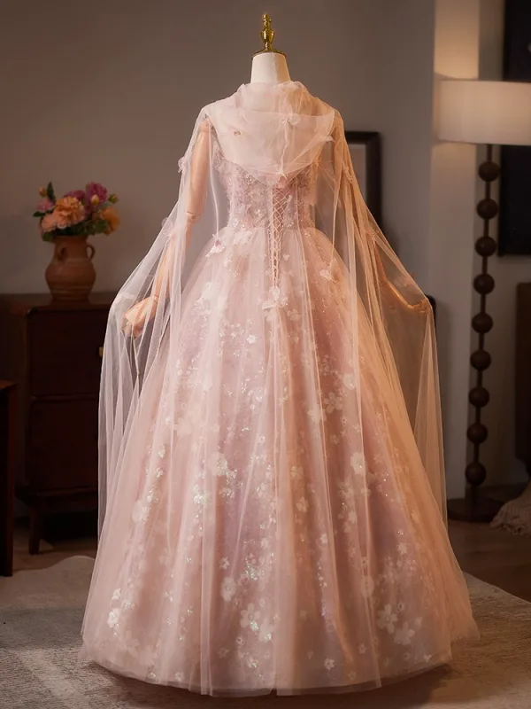 Fabelhaft Rosa Perlenstickerei Perle Pailletten Applikationen Ballkleider 2025 Ballkleid Bandeau Mantel Ärmellos Rückenfreies Lange Tülle Ball