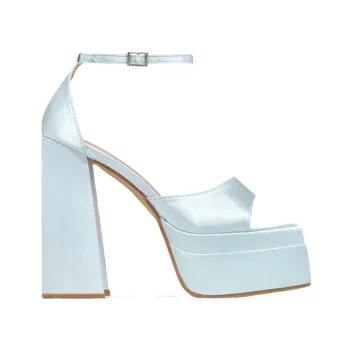 Unusual Sky Blue Satin Summer Street Wear Womens Sandals 2022 Ankle Strap 16 Cm Thick Heels Open Peep Toe Sandals High Heels