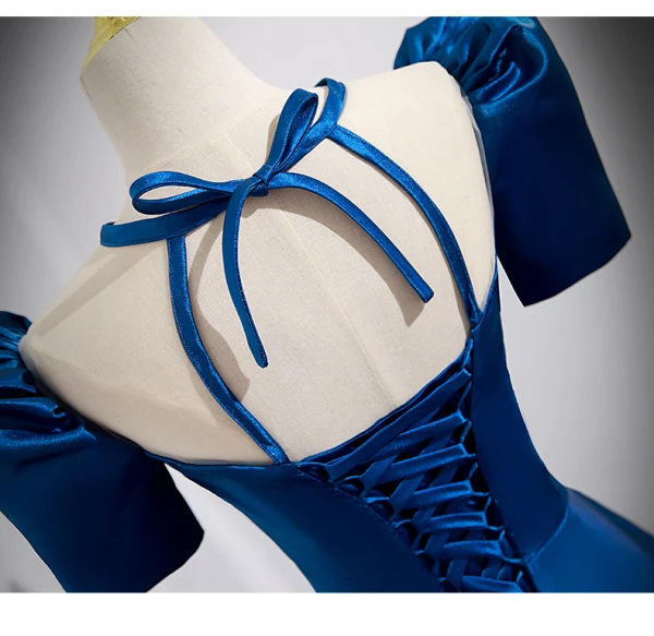 Vintage / Retro Royal Blue Satin Prom Dresses 2022 A-Line / Princess Square Neckline Bow Short Sleeve Backless Floor-Length / Long Prom Formal Dresses
