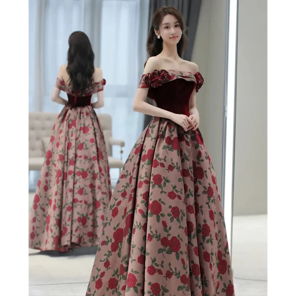 Elegant Burgundy Printing Prom Dresses 2023 A-Line / Princess Off-The-Shoulder Sleeveless Backless Tea-length Prom Formal Dresses