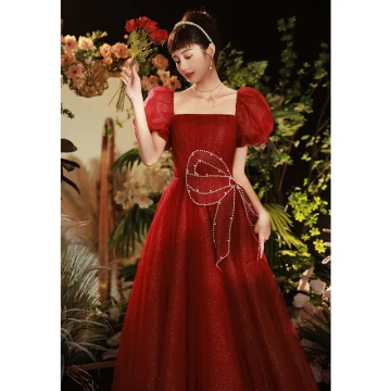 Chic Belle Bordeaux Perle Paillettes Robe De Bal 2022 Princesse Encolure Carrée Gonflée Manches Courtes Longue Promo Robe De Ceremonie