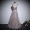 Bling Bling Blushing Pink Pearl Sequins Appliques Prom Dresses 2024 A-Line / Princess Spaghetti Straps Sleeveless Backless Floor-Length / Long Prom Formal Dresses