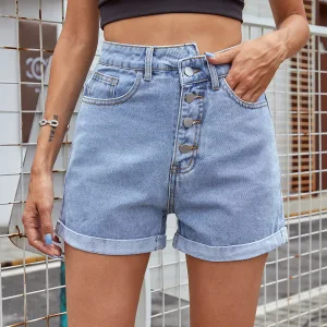 Mode Kvinna Gatukläder Himmelsblå Raka Jeans Shorts 2021 Knappar Denim Sommar Bottoms