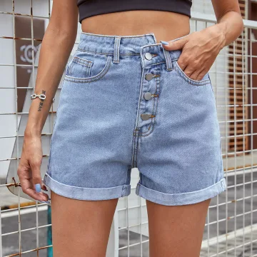 Fashion Women Street Wear Sky Blue Straight Jeans Shorts 2021 Buttons Denim Summer Bottoms