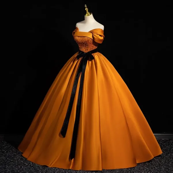 Élégant Orange Perlage Paillettes Satin Robe De Bal 2023 Robe Boule De l'épaule Sans Manches Dos Nu Noeud Ceinture Longue Robe De Ceremonie
