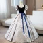 Elegant Navy Blue Embroidered Bow Sash Prom Dresses 2024 Ball Gown V-Neck Puffy Short Sleeve Floor-Length / Long Prom Formal Dresses