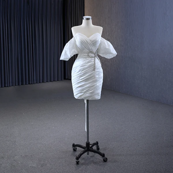Sexy High-end White Evening Dresses 2023 A-Line / Princess Off-The-Shoulder Short Sleeve Rhinestone Bow Backless Court Train Evening Party Formal Dresses
