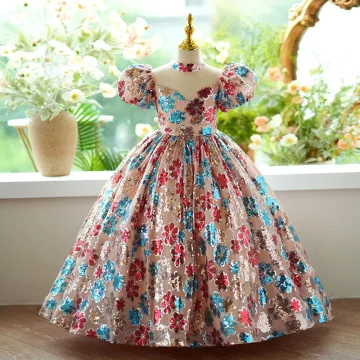 Sparkly Multi Colors Sequins Birthday Flower Girl Dresses 2024 Ball Gown High Neck Puffy Short Sleeve Backless Floor Length Long Flower Girl Dresses