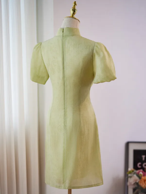 Chinese style Sage Green Knee-Length Cheongsam 2024 Trumpet / Mermaid High Neck Short Sleeve