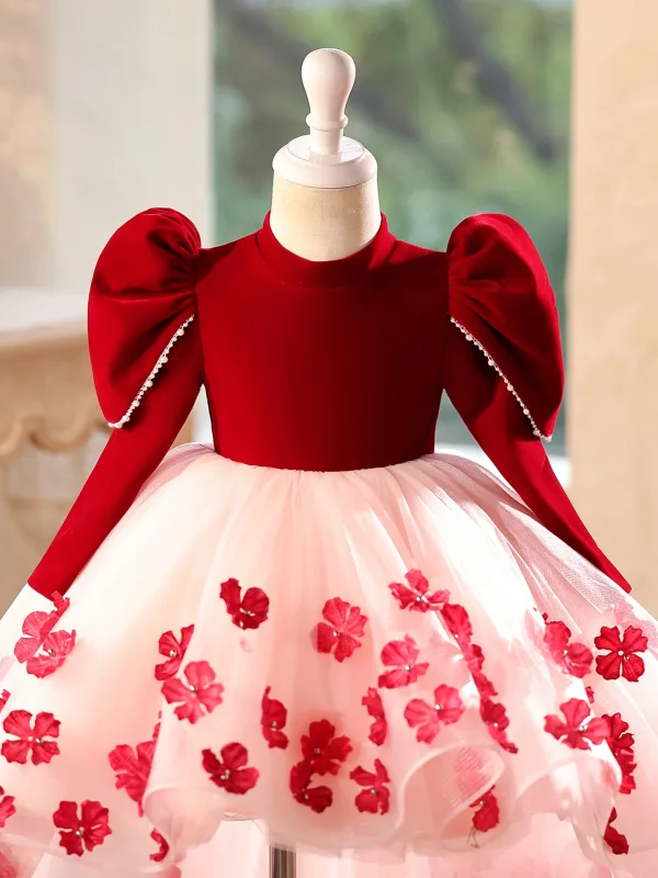 Chic / Belle Bordeaux Appliques Asymétrique Anniversaire Robe Ceremonie Fille 2025 Robe Boule Col Haut Gonflée Manches Longues