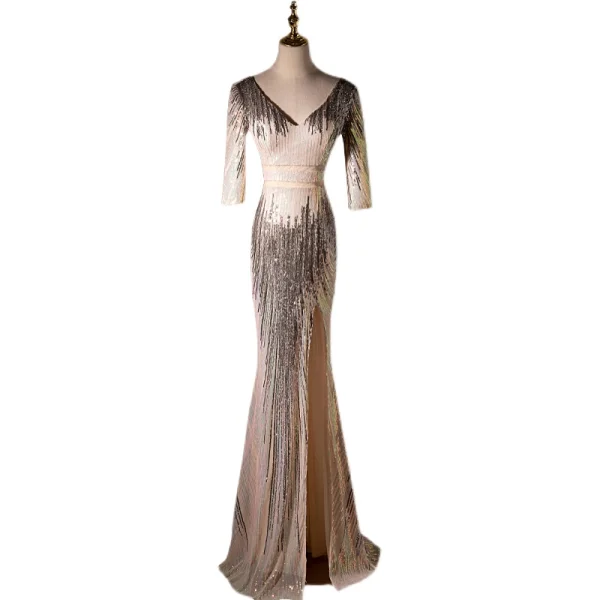 Scintillantes Sexy Champagne Paillettes Robe De Soirée 2022 Trompette / Sirène V-Cou 3/4 Manches Dos Nu Fendue devant Longue Robe De Ceremonie