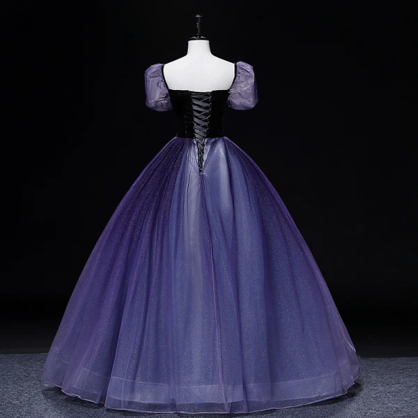 Vintage / Retro Purple Prom Dresses 2022 Ball Gown Square Neckline Puffy Short Sleeve Backless Floor-Length / Long Prom Formal Dresses