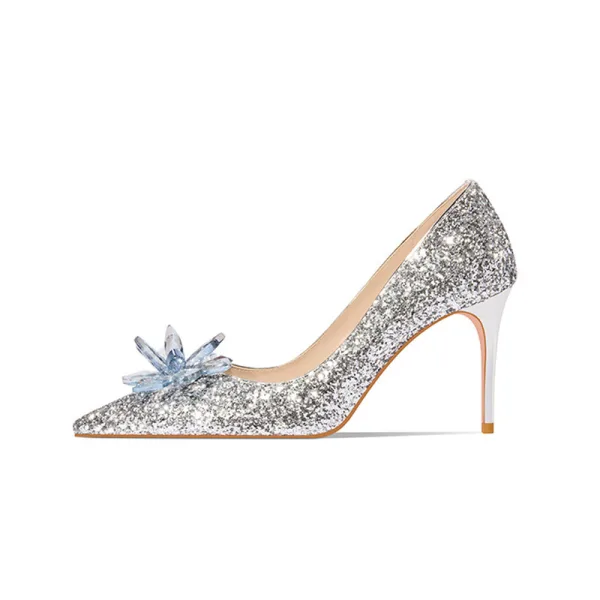 Sparkly Silver Crystal Sequins Wedding Shoes 2022 Leather 8 cm Stiletto Heels Pointed Toe Wedding Pumps High Heels