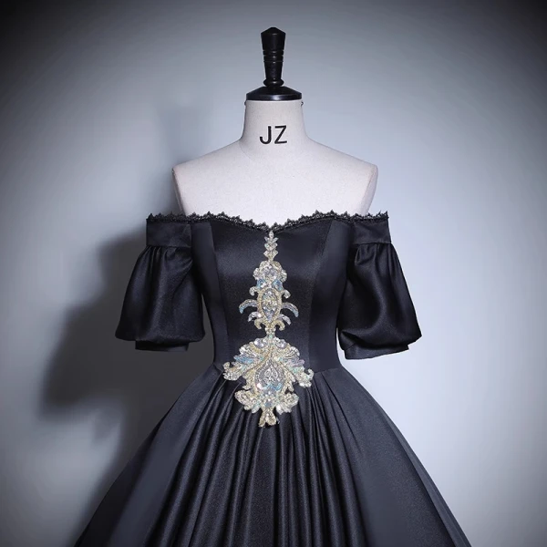 Elegant Black Beading Sequins Lace Flower Prom Dresses 2023 Ball Gown Off-The-Shoulder Short Sleeve Backless Floor-Length / Long Prom Formal Dresses