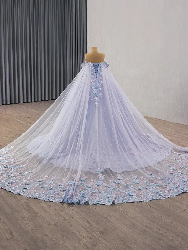 Haut de Gamme Bleu Ciel En Dentelle Papillon Perlage Paillettes Appliques Robe De Bal 2025 Robe Boule De l'épaule Manches Courtes Dos Nu Royal Train Tulle Robe De Ceremonie