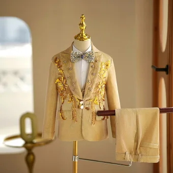 Fashion Fall Winter Gold Rhinestone Sequins Long Sleeve Boys Wedding Suits 2024 5 Piece Wedding Coat Pants Shirt Tie Vest